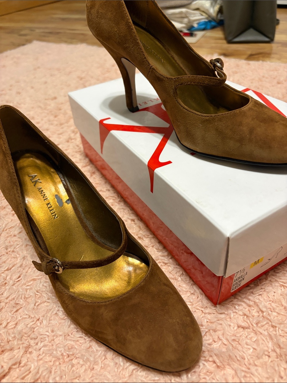 Anne Klein Willa Brown Suede Pump with Buckle strap Leather 3.5” heel size 7.5M